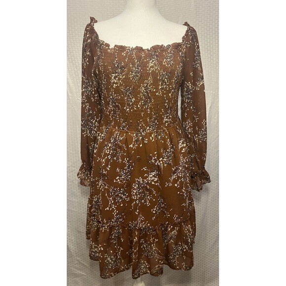 Anthropologie Dresses & Skirts - Anthropologie Promesa Smocked Baby Doll Dress Brown With Flowers L Boho Cottage